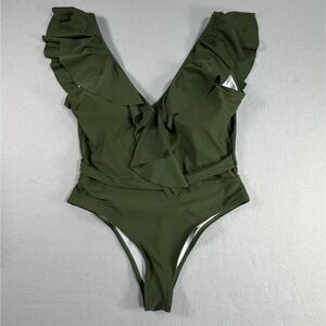 Ruffle V-Neck Womens One Piece Swimsuit Large‎ Olive Green Boho Beach Vacation